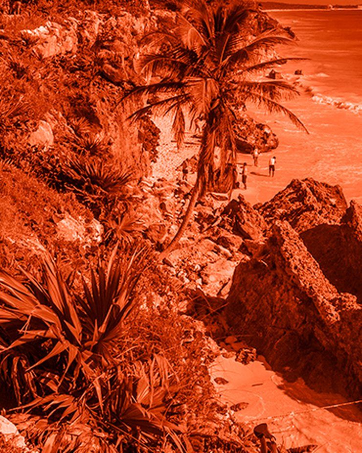 Costa de Tulum con palmeras y ruinas sobre el acantilado